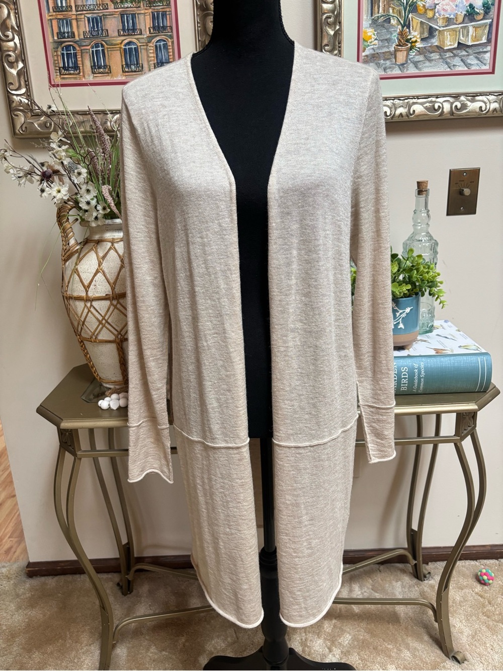EILEEN FISHER Beige Open-Front Longline Merino Wool Cardigan Sweater Duster Sz L